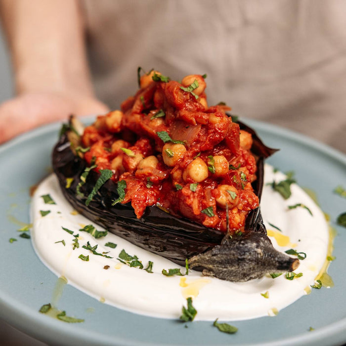 Baked Eggplants with Spicy Braised Chickpeas and Yogurt