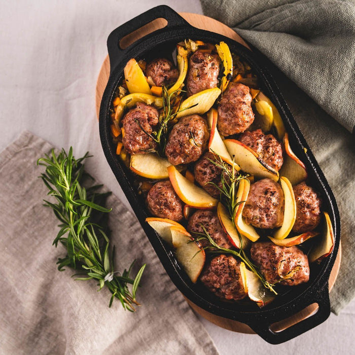 Boulettes de porc et pommes au four