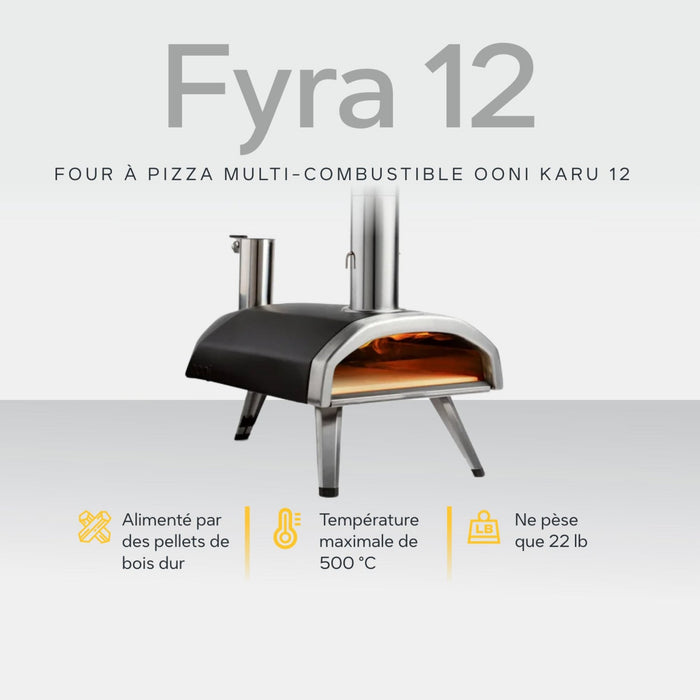 Ooni Fyra 12 12" Multi-fuel Pizza Oven against white background with key features information | Cliquez sur cette image pour ouvrir la fenêtre modale de produits. La fenêtre modale de produits permet de zoomer sur les images.