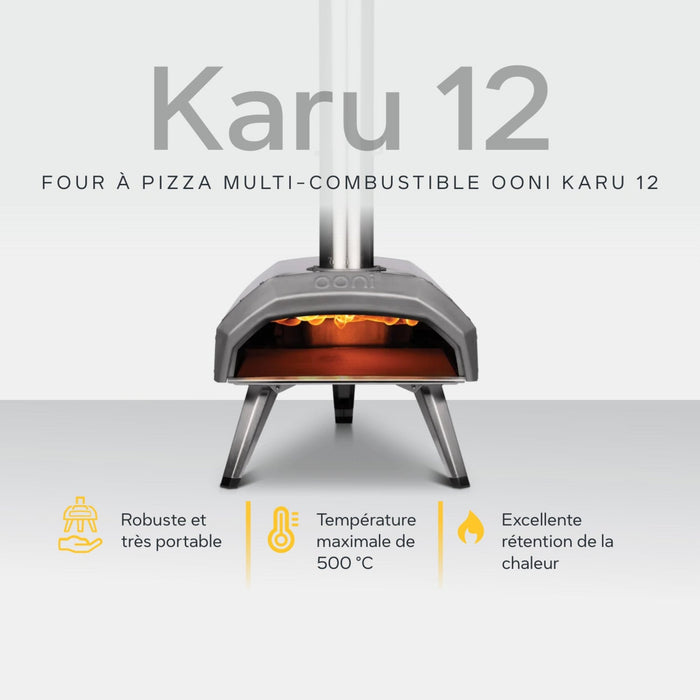 Ooni Karu 12 12" Multi-fuel Pizza Oven against white background with key features information | Cliquez sur cette image pour ouvrir la fenêtre modale de produits. La fenêtre modale de produits permet de zoomer sur les images.