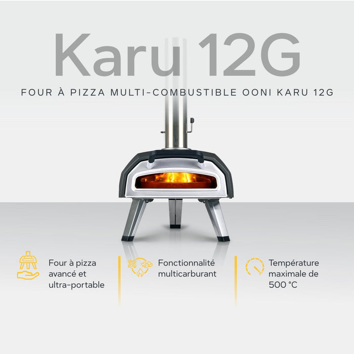 Ooni Karu 12G 12" Multi-fuel Pizza Oven against white background with key features information | Cliquez sur cette image pour ouvrir la fenêtre modale de produits. La fenêtre modale de produits permet de zoomer sur les images.