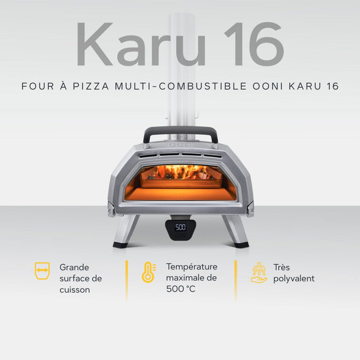 Ooni Karu 16 16" Multi-fuel Pizza Oven against white background with key features information | Cliquez sur cette image pour ouvrir la fenêtre modale de produits. La fenêtre modale de produits permet de zoomer sur les images.