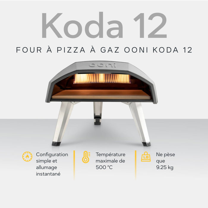 Ooni Koda 12 12" Gas Powered Pizza Oven against white background with key features information | Cliquez sur cette image pour ouvrir la fenêtre modale de produits. La fenêtre modale de produits permet de zoomer sur les images.