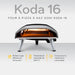 Ooni Koda 16 16" Gas Powered Pizza Oven against white background with key features information