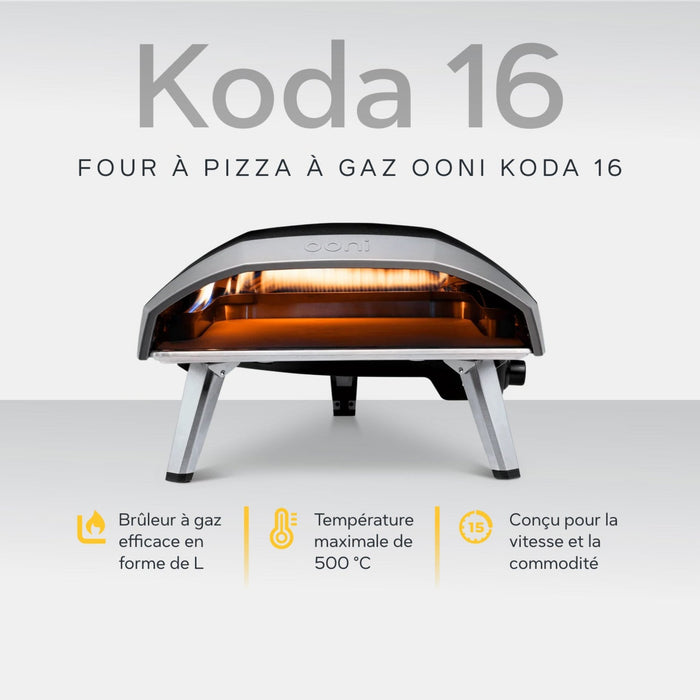 Ooni Koda 16 16" Gas Powered Pizza Oven against white background with key features information | Cliquez sur cette image pour ouvrir la fenêtre modale de produits. La fenêtre modale de produits permet de zoomer sur les images.